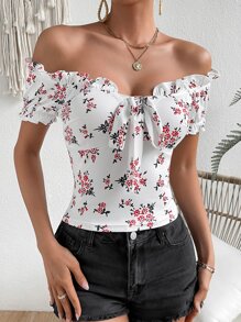 SHEIN VCAY Floral Print Off Shoulder Knot Front Tee - White - View 5