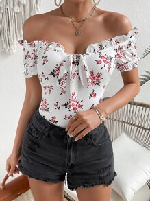 SHEIN VCAY Floral Print Off Shoulder Knot Front Tee - White - View 6