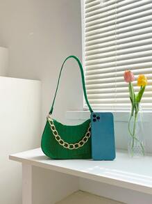 Bolso hobo pequeño con cocodrilo en relieve con diseño de cadena - Verde - Ver 4