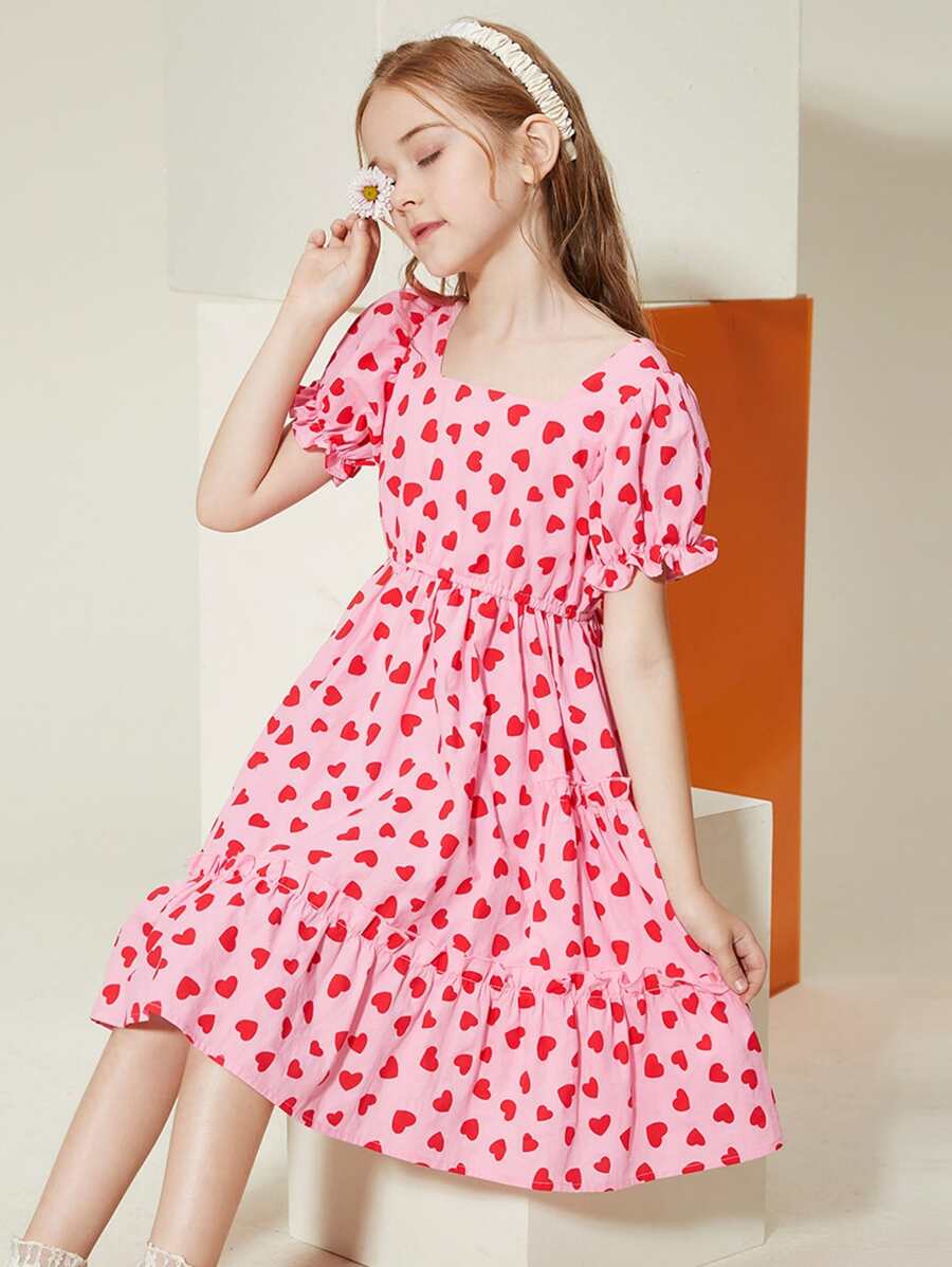 青少年女孩愛心圖案泡泡袖荷葉邊連衣裙 - 粉色 - 查看 1