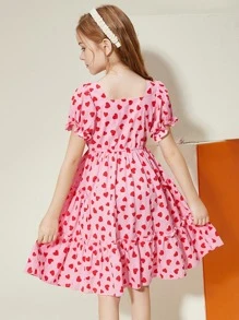 青少年女孩愛心圖案泡泡袖荷葉邊連衣裙 - 粉色 - 查看 2