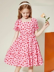 青少年女孩愛心圖案泡泡袖荷葉邊連衣裙 - 粉色 - 查看 3