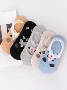 Set de 5 pares de calcetines tobilleros estampado de animales de dibujos animados para parejas, calcetines invisibles - Multicolor - Ver 5