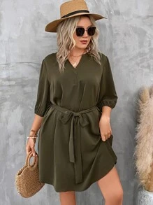 SHEIN LUNE Plus Notched Neckline Belted Dress - Army Green - View 1