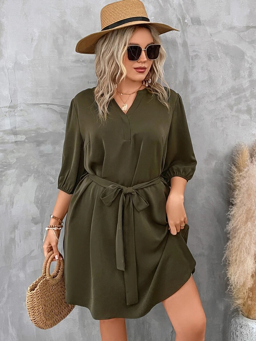 SHEIN LUNE Plus Notched Neckline Belted Dress - Army Green - View 1