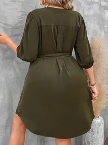SHEIN LUNE Plus Notched Neckline Belted Dress - Army Green - View 2