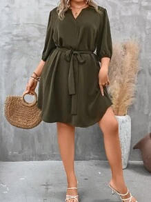 SHEIN LUNE Plus Notched Neckline Belted Dress - Army Green - View 3