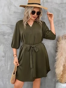 SHEIN LUNE Plus Notched Neckline Belted Dress - Army Green - View 4