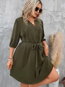 SHEIN LUNE Plus Notched Neckline Belted Dress - Army Green - View 5