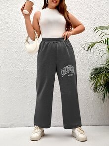 SHEIN LUNE Plus Letter Graphic Elastic Waist Joggers - Dark Grey - View 5