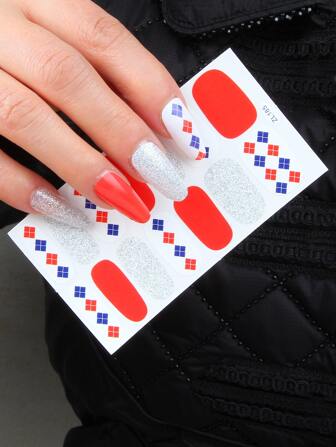 1sheet Plaid Pattern Glitter Nail Art Sticker & 1pc Nail File Nail Stickers DIY