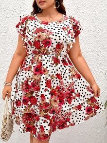 SHEIN VCAY Vestido con estampado floral de lunares ribete con fruncido - Multicolor - Ver 4