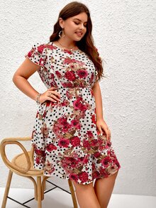 SHEIN VCAY Vestido con estampado floral de lunares ribete con fruncido - Multicolor - Ver 6