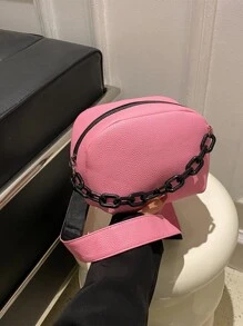 Mini Litchi Embossed Chain Decor Dome Bag - Pink - View 1