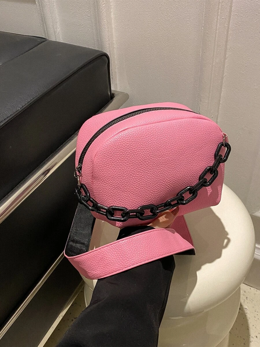 Mini Litchi Embossed Chain Decor Dome Bag - Pink - View 1