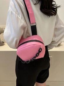 Mini Litchi Embossed Chain Decor Dome Bag - Pink - View 3