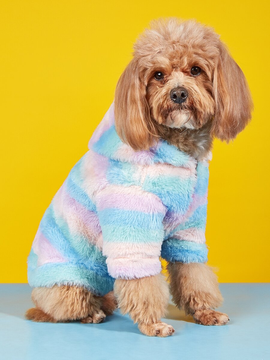 1件宠物毛绒连帽衫外套，柔软保暖，适合猫狗幼犬冬季穿着，多种颜色可选 - 彩色 - 查看 1