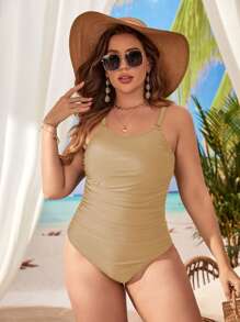 Plus Solid Ruched One Piece Swimsuit - Khaki - View 5