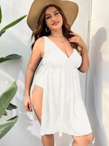 Plus Eyelet Embroidery Split Thigh One Piece Swimsuit - White - View 1