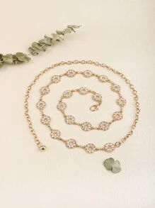 水鑽裝飾鏈條腰帶 - 金色 - 查看 5