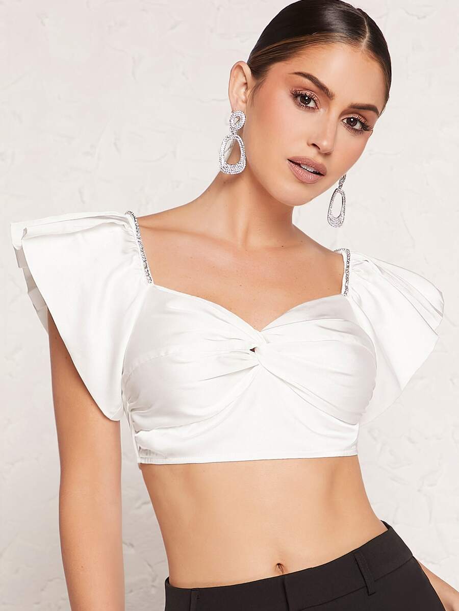 SHEIN BAE Twist Front Butterfly Sleeve Crop Top - White - View 1