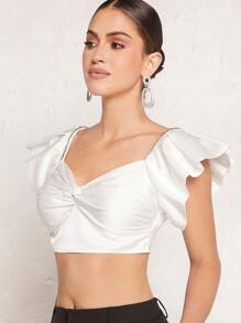 SHEIN BAE Twist Front Butterfly Sleeve Crop Top - White - View 4
