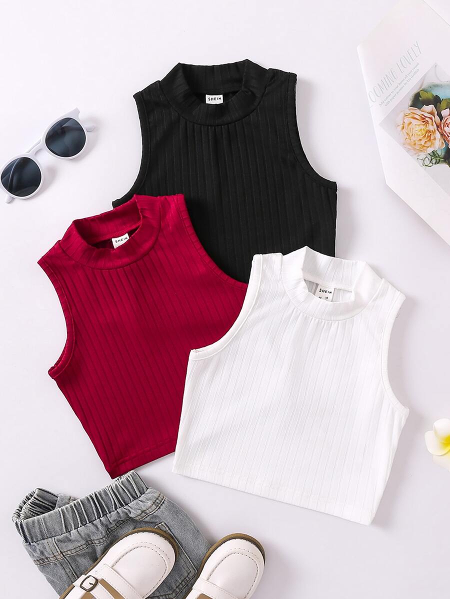 SHEIN 夏季年輕女孩實色休閒極簡背心套裝，小立領設計 - 彩色 - 查看 1