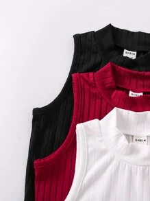 SHEIN 夏季年輕女孩實色休閒極簡背心套裝，小立領設計 - 彩色 - 查看 4