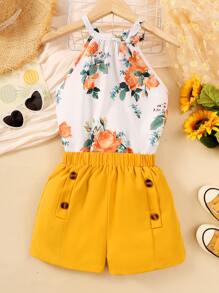 Girls Floral Print Bow Front Halter Top & Shorts - Multicolor - View 1