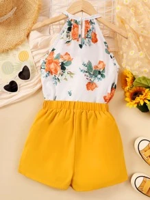 Girls Floral Print Bow Front Halter Top & Shorts - Multicolor - View 2