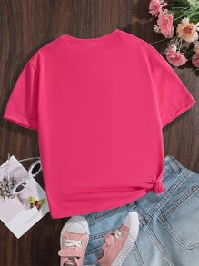 適合青少年女孩的花卉和標語圖案t卹 - 玫紅色 - 查看 2