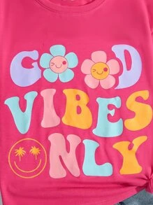 適合青少年女孩的花卉和標語圖案t卹 - 玫紅色 - 查看 3