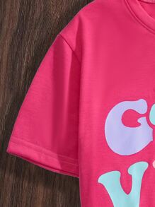 適合青少年女孩的花卉和標語圖案t卹 - 玫紅色 - 查看 6