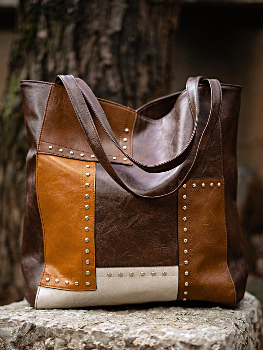 Túi Tote Patchwork Cổ Điển, Túi Đeo Vai Retro Colorblock, Túi Xách, Túi Công Sở Bắt Mắt Cho Phụ Nữ - màu nâu - Xem 1
