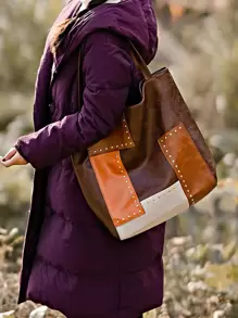 Túi Tote Patchwork Cổ Điển, Túi Đeo Vai Retro Colorblock, Túi Xách, Túi Công Sở Bắt Mắt Cho Phụ Nữ - màu nâu - Xem 2