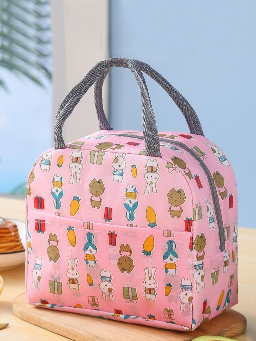 zhihaijunxiao1 1入組卡通圖形午餐袋,卡通兔子和胡蘿蔔印花保溫午餐袋,適用於學校、辦公室、存放復活節用品 - 粉色 - 查看 1