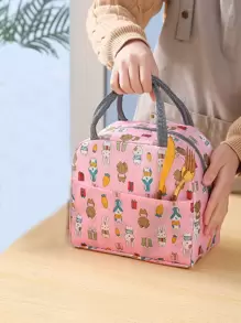 zhihaijunxiao1 1入組卡通圖形午餐袋,卡通兔子和胡蘿蔔印花保溫午餐袋,適用於學校、辦公室、存放復活節用品 - 粉色 - 查看 3