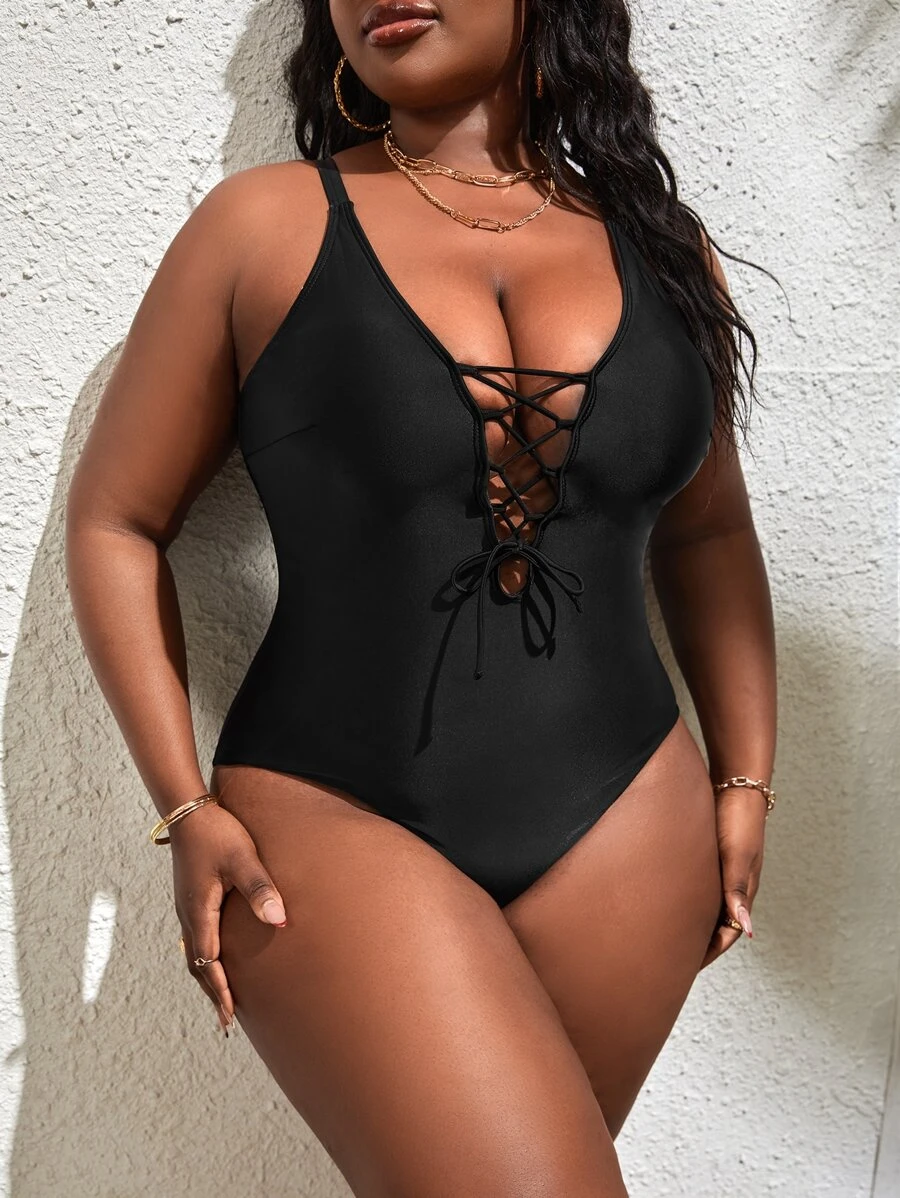 SHEIN Slayr 大碼前繫帶連體泳衣 - 黑色 - 查看 1