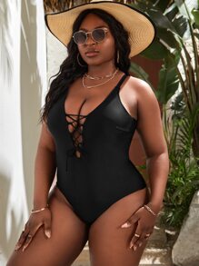 SHEIN Slayr 大碼前繫帶連體泳衣 - 黑色 - 查看 3