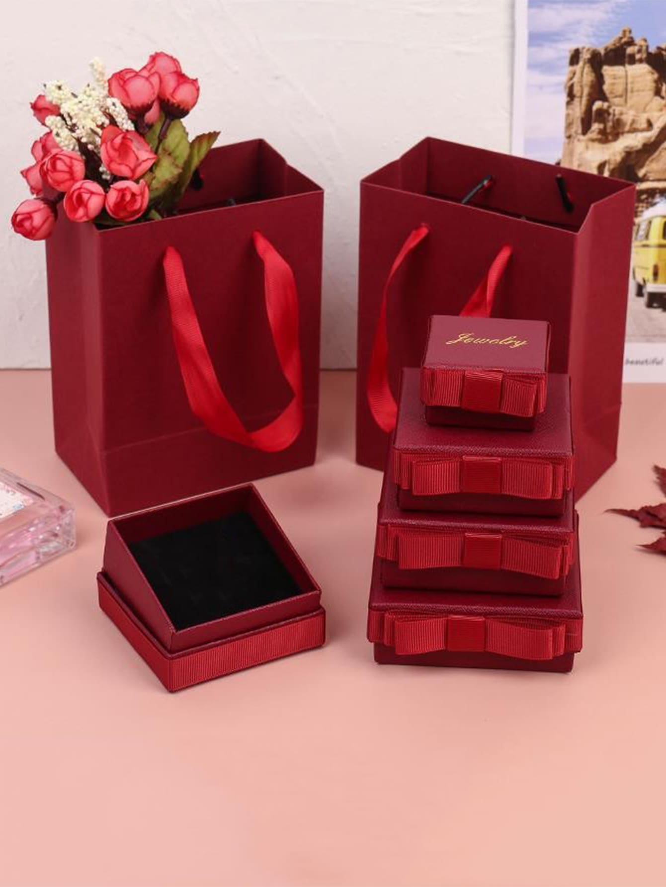 1入組紙質首飾收納盒情人節字母圖案蝴蝶結裝飾戒指收納盒 - 彩色 - 查看 1