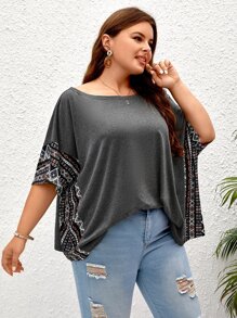 EMERY ROSE 大碼幾何印花蝙蝠袖T恤 - 深灰色 - 查看 4