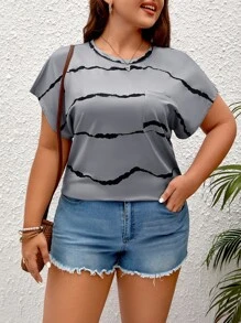 SHEIN LUNE 大碼紮染蝙蝠袖T恤 - 灰色 - 查看 1