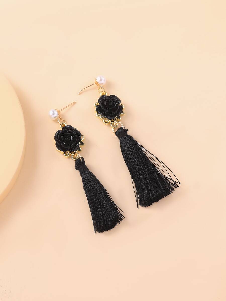 Faux Pearl Decor Flower & Tassel Drop Earrings - Black - View 1
