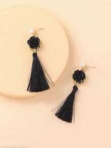 Faux Pearl Decor Flower & Tassel Drop Earrings - Black - View 2