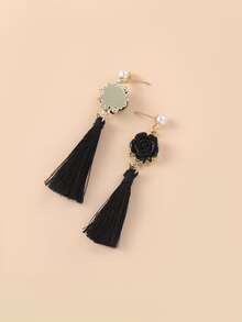 Faux Pearl Decor Flower & Tassel Drop Earrings - Black - View 3