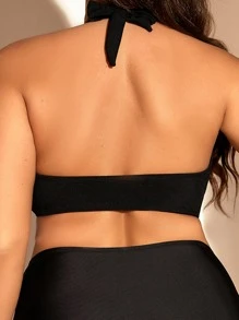 SHEIN Swim Curve Top bikini con cordón delantero de cuello halter de espalda abierta - Negro - Ver 2