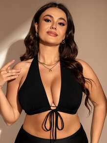 SHEIN Swim Curve Top bikini con cordón delantero de cuello halter de espalda abierta - Negro - Ver 5