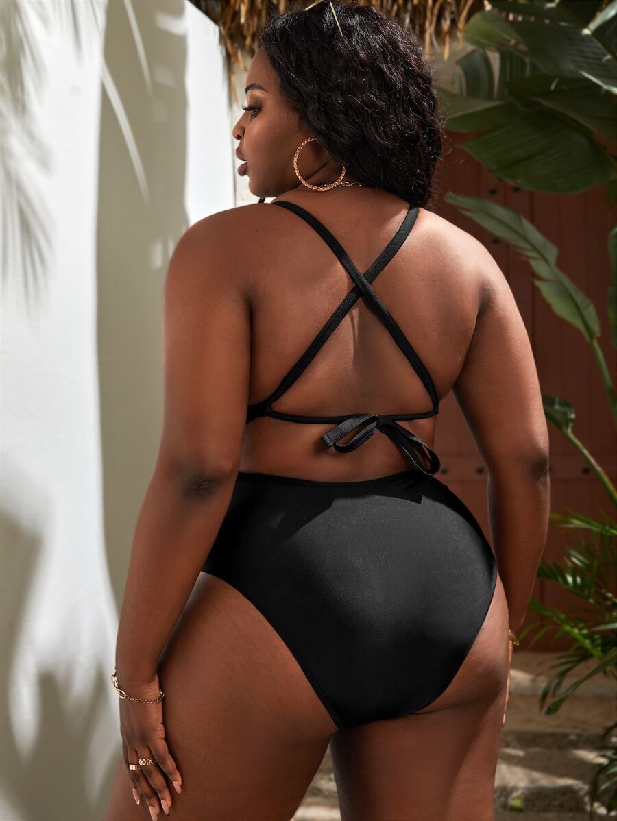 Bañador una pieza unicolor de espalda abierta con cordón - Negro - Ver 1