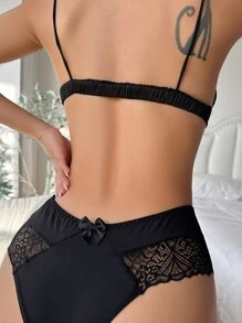 Contrast Lace Bow Front Panty - Black - View 2