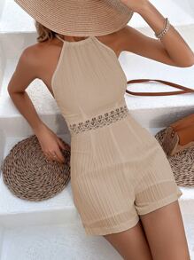 Breezaya 拼接水溶蕾絲後背繫帶繞頸連體短褲 - 卡其色 - 查看 5